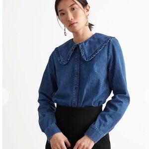 & Other Stories Ruffled Collar Cotton Denim Shirt